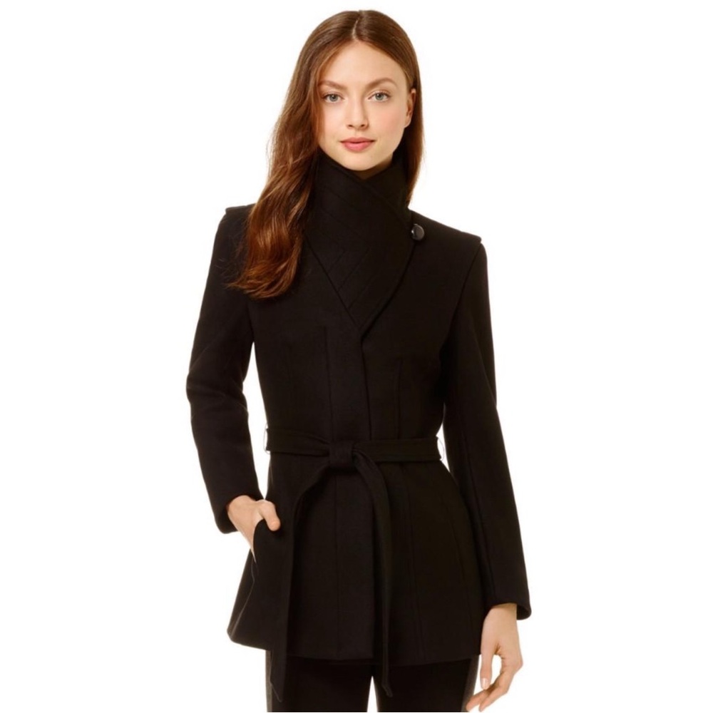 Babaton Black Pea Coat with Belted Wrap Design